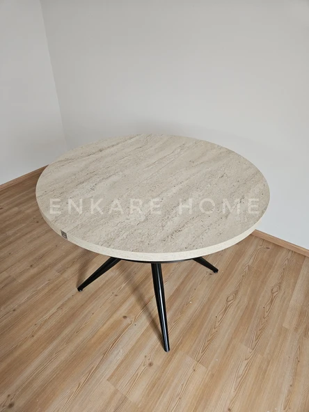 Enkare Oliva Masa - Yuvarlak Açılabilir Mdf Masa - Traverten, Siyah Ayak - 5