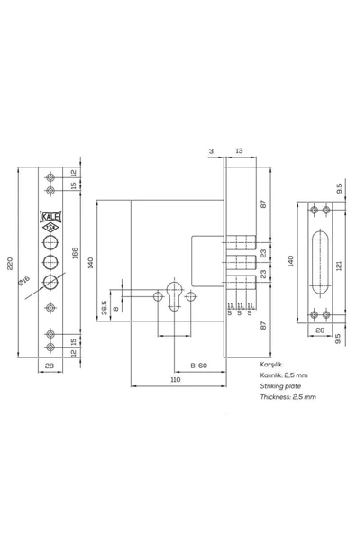 KALE Plus Çelik Kapı Gömme Emniyet Kilidi 3 Anahtarlı Barel 68mm Dış Kapı Mandallı Topuzlu Cerman Barel - 3