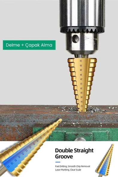 Depolife Delik Delme Pah Açma Kademeli Delme Panç Titanium 6 Parçalı Kozalak Matkap Freze Uç Seti - Resim 3