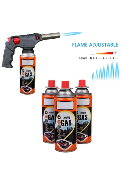Depolife Kamp Gazlı Yüksek Alevli Pürmüz Seti 3 lü Kamp Gazı ve Tabanca Pürmüz Derece Ayarlanabilir Çakmaklı