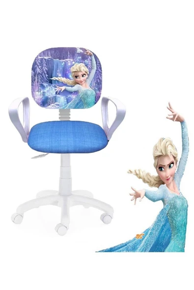 Depolife Çocuk Odası Ders Çalışma Ofis Koltuğu Öğrenci Sandalyesi Frozen Desen Beyaz Tekerlekli Yüksek ayarlı