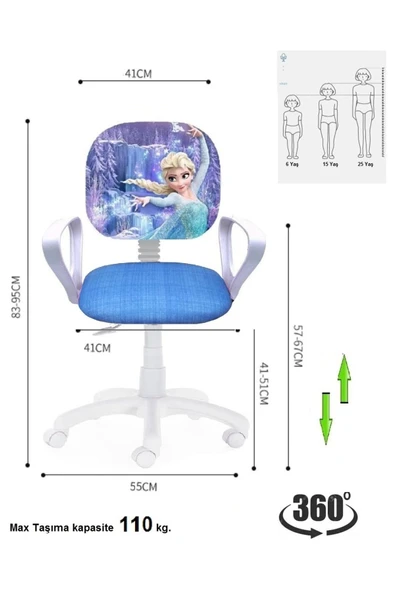 Depolife Çocuk Odası Ders Çalışma Ofis Koltuğu Öğrenci Sandalyesi Frozen Desen Beyaz Tekerlekli Yüksek ayarlı - 2