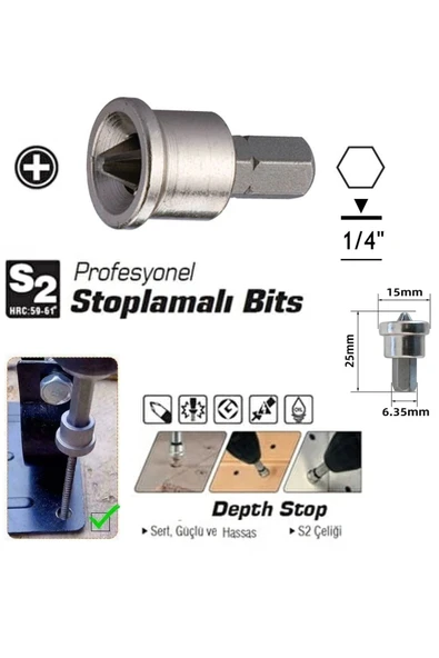 Depolife Alçıpan Vidalama Matkap Ucu Ph2 X25 S2 Çeliği Şapkalı Sınırlayıcı Bits Ucu 3 Adet Stoplu - Resim 2