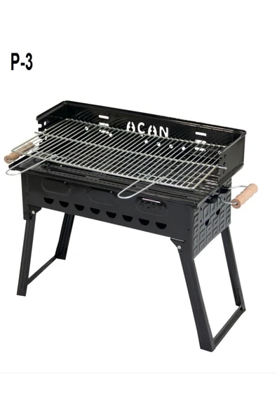 Açan Pervazlı Emaye Mangal P3 Battal Boy Kömürlü Barbekü Çift Izgara Katlanır Ayaklı 27x51cm - 1