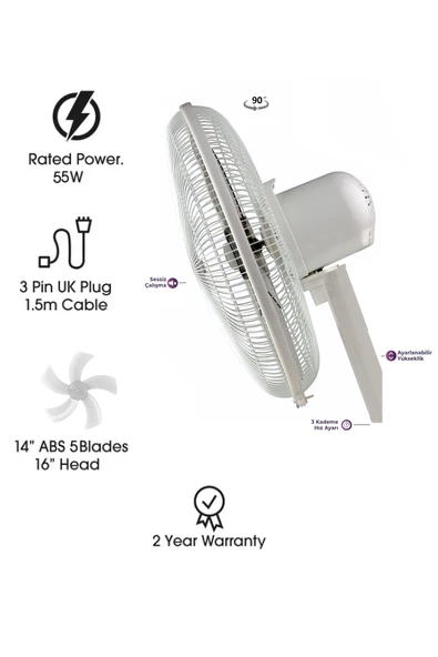 Depolife Duvar Montajlı Hava Vantilatörü 3 KademeHhız Ayarlı Pervane Sağ Sol Dönme 55w Beyaz 5 Kanat - 4