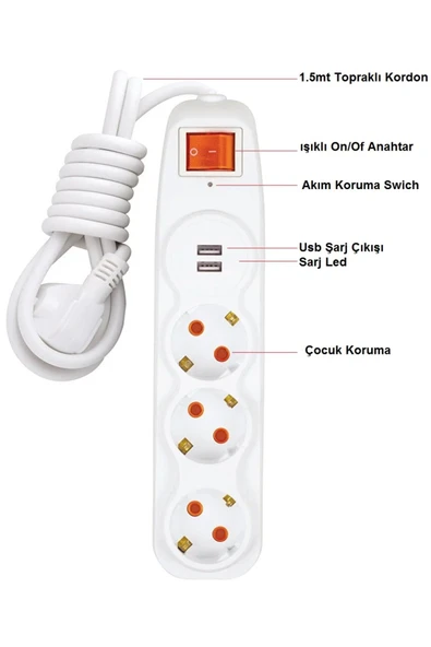Depolife Voltaj Akım Korumalı 3lü Grup Priz Çocuk Koruma 2'li Usb Şarj 1,5 Mt Uzatma Kablolu Işıklı Anahtarlı ürün görseli