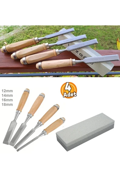 Depolife Ahşap Keski Seti 4lü Iskarpela Oyma Seti ve  Bıçak Ağız Bileme için Tırpan Taşı - 1