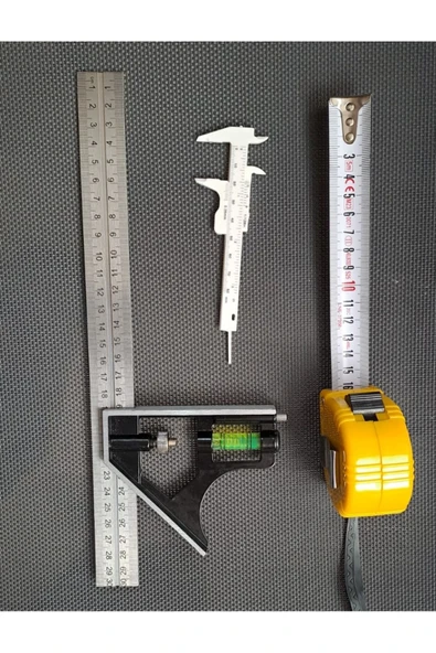 Depolife Açılı Kombine gönye Su Terazili 5 Metre Şerit Kumpas Seti Marangoz Mühendis Mimar El Alet Seti - Resim 4