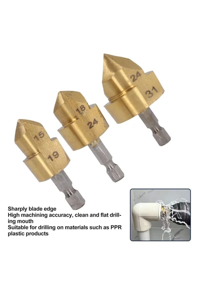 Depolife Pvc Boru Raybası Ağır Hizmet Tipi Boru Raybalama Matkap Uçları 3 Parça Kutulu Boru Pah Çapak Alma - Resim 3