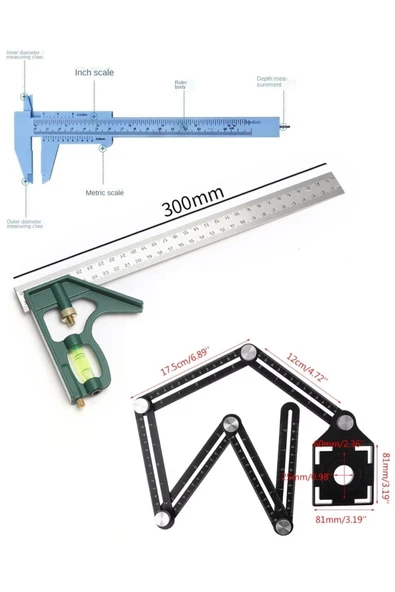 Depolife Mühendis Mimar Marangoz cizim Kalıplama Tarağı Kombine Gönye cizim Şablon Cetvel Kumpas Seti 45°/90° - 3