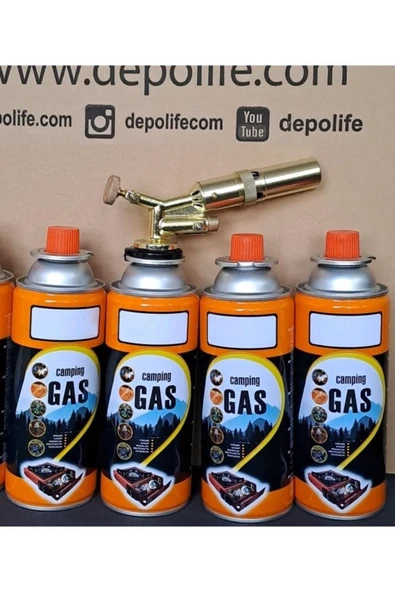 Depolife Çakmaklı Metal Pürmüz Kamp Gazı Kartuşlu Piknik Kamp Mangal Mutfak için 4 Adet 400ml Gaz ve Başlık - 4