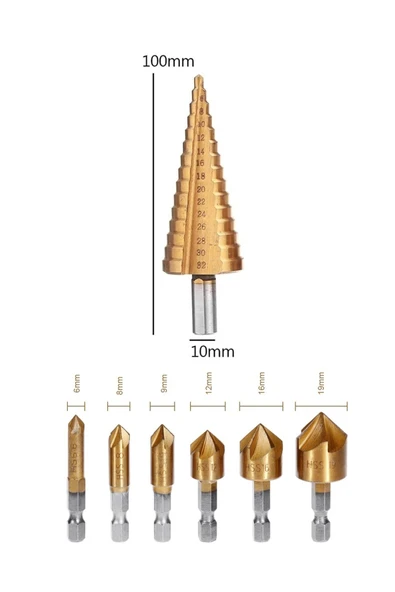 Depolife Freze Uç Seti Pah Kırma Adım Kozalak Delik Yiv Havşa Açma Kademeli Delme Pancı Titanyum - Resim 2