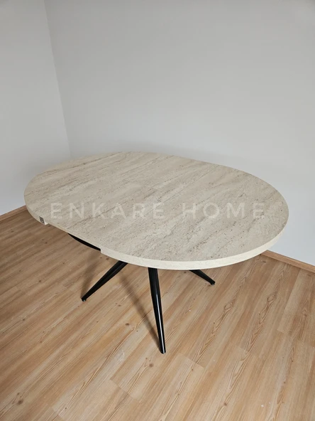 Enkare Oliva Masa - Yuvarlak Açılabilir Mdf Masa - Traverten, Siyah Ayak - 4