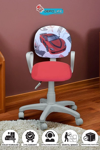 Depolife Çocuk Odası Sandalyesi Ders Çalışma Ofis Koltuğu Öğrenci Sandalye Beyaz Tekerli Yükseklik Ayarlı