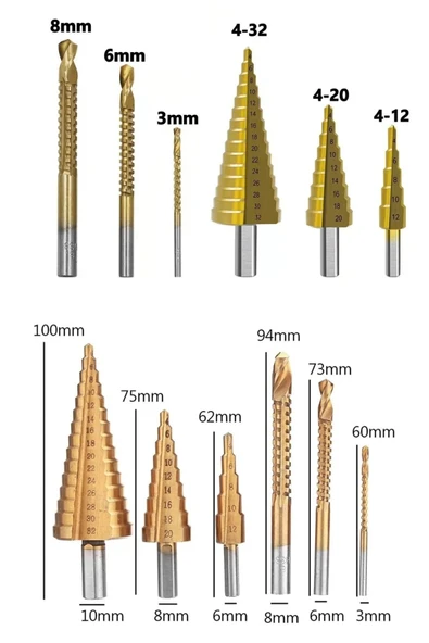Depolife Delik Delme Pah Açma Kademeli Delme Panç Titanium 6 Parçalı Kozalak Matkap Freze Uç Seti - Resim 2