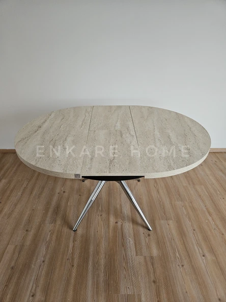 Enkare Oliva Masa - Yuvarlak Açılabilir Mdf Masa - Traverten, Krom - 2