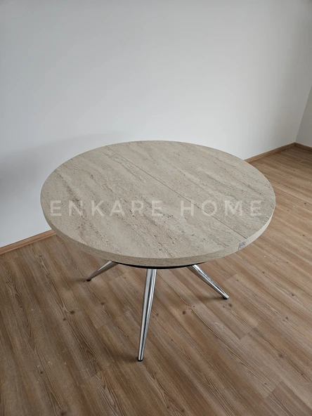 Enkare Oliva Masa - Yuvarlak Açılabilir Mdf Masa - Traverten, Krom - 5
