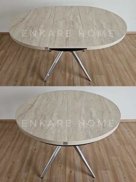 Enkare Oliva Masa - Yuvarlak Açılabilir Mdf Masa - Traverten, Krom