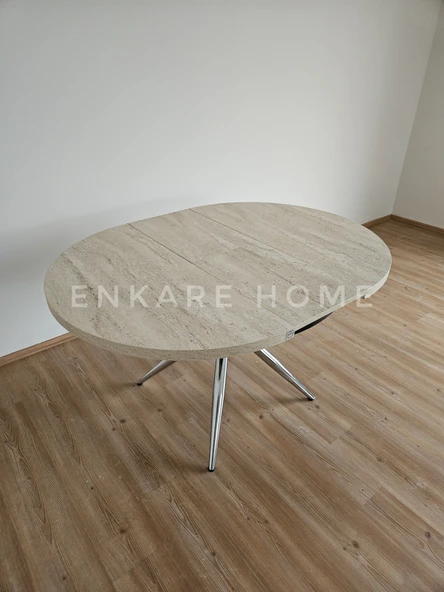 Enkare Oliva Masa - Yuvarlak Açılabilir Mdf Masa - Traverten, Krom - 4