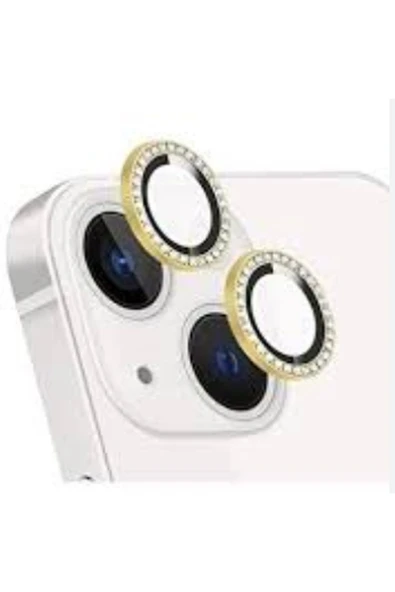 Nettech İphone 14 Uyumlu Taşlı Model Kamera Cam Koruyucu - Gold - 1