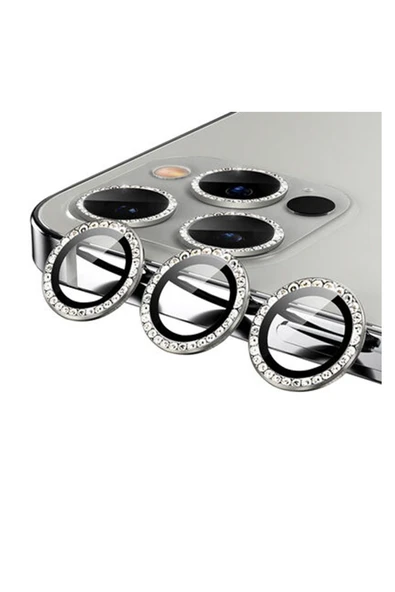 Nettech İphone 12 Pro Uyumlu Diamond Taşlı Model Kamera Cam Koruyucu - Gri - 1