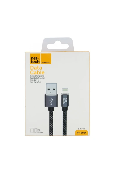 Nettech NT-DC01 İp Örgü 300 Cm Lightning Şarj ve Data Kablosu - 3