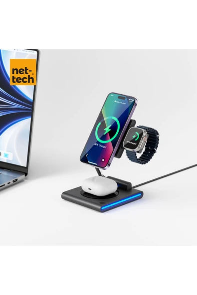 Nettech Nt-wch04 3in 1 15w Kablosuz Wireless Şarj - Gri - 5