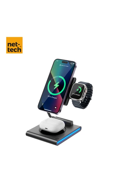Nettech Nt-wch04 3in 1 15w Kablosuz Wireless Şarj - Gri - 2
