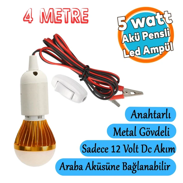 Akü Pensli 4 Metre Kablolu 12 V Tasarruflu Seyyar Led Ampul 5W Lamba Anahtarlı Aydınlatma Beyaz Işık