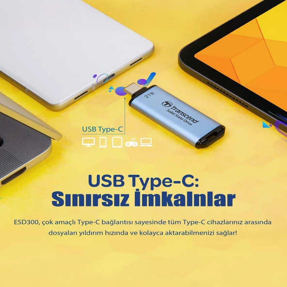 Transcend TS512GESD300C 512GB USB/Type-C 10Gbps 1050/950MB/s Taşınabilir Harici SSD - Mavi - 4