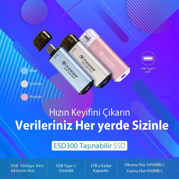 Transcend TS1TESD300C 1TB USB/Type-C 10Gbps 1050/950MB/s Taşınabilir Harici SSD - Mavi - 2