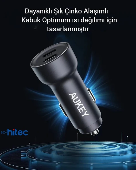 AUKEY 65W Type-C Çift Çıkışlı PD3.0 - Quick Charger3.0 Araç Şarj Aleti Başlığı 65W - 5