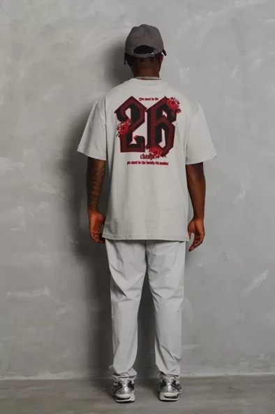 Unisex Oversize Baskılı Bisiklet Yaka T-Shirt - Gri - 3