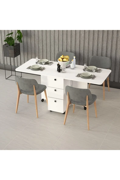 Asra Trend MDF Katlanır Mutfak Yemek Çalışma Masası, 3 Çekmeceli, Beyaz, KM-100 - Resim 2