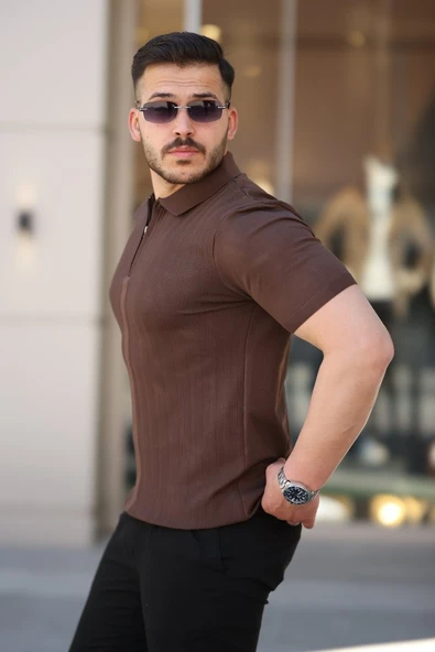 Erkek Yakası Fermuarlı Kısa Kollu T-shirt - 2