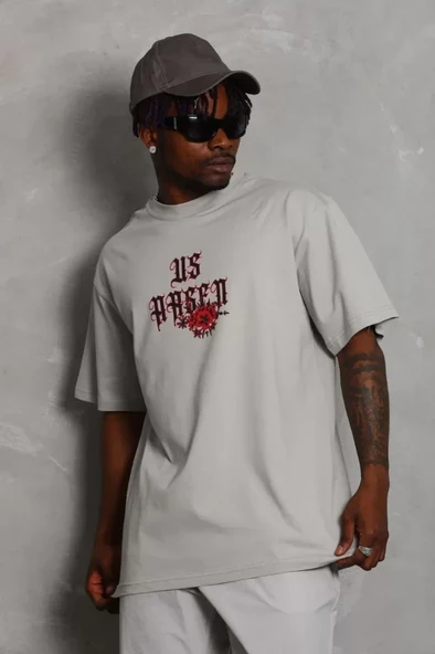 Unisex Oversize Baskılı Bisiklet Yaka T-Shirt - Gri - 1