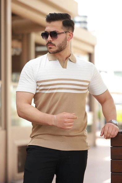 Erkek çizgi Desenli Yakalı Kısa Kollu T-shirt - 3