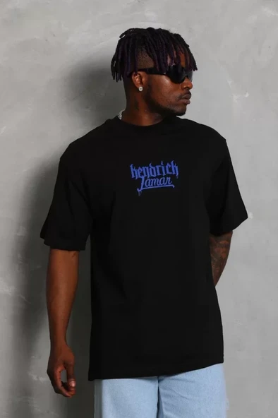 Unisex Oversize Baskılı Bisiklet Yaka T-Shirt - Siyah - 2