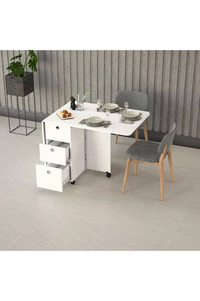 Asra Trend MDF Katlanır Mutfak Yemek Çalışma Masası, 3 Çekmeceli, Beyaz, KM-100 - Resim 3