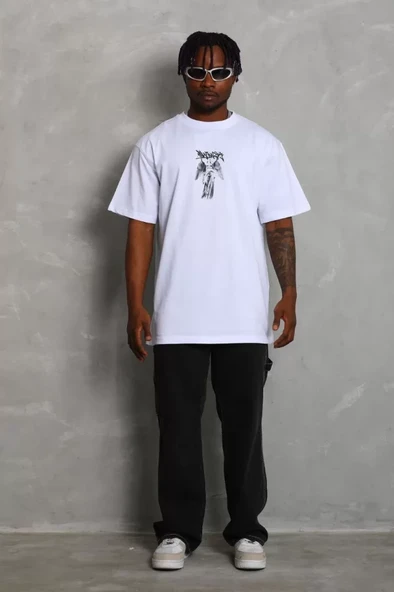 Unisex Oversize Baskılı Bisiklet Yaka T-Shirt - Beyaz - 3