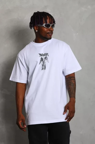 Unisex Oversize Baskılı Bisiklet Yaka T-Shirt - Beyaz - 2