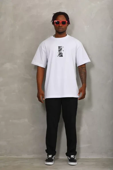 Unisex Oversize Baskılı Bisiklet Yaka T-Shirt - Beyaz - 4