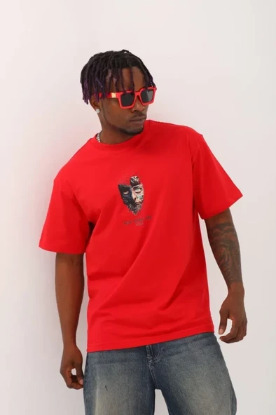 Unisex Oversize Baskılı Bisiklet Yaka T-Shirt - Kırmızı - 2