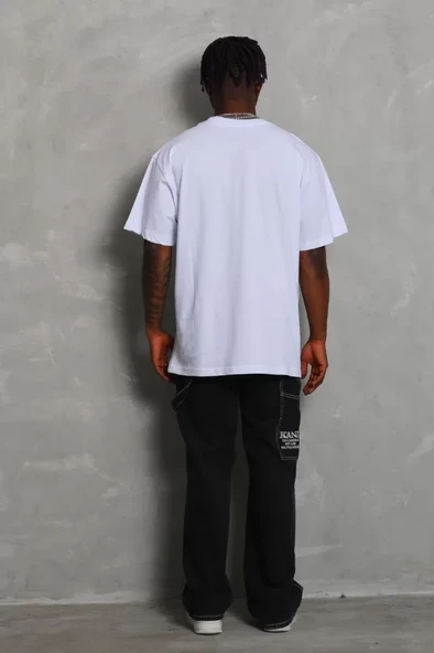 Unisex Oversize Düz Bisiklet Yaka T-Shirt - Beyaz - 2
