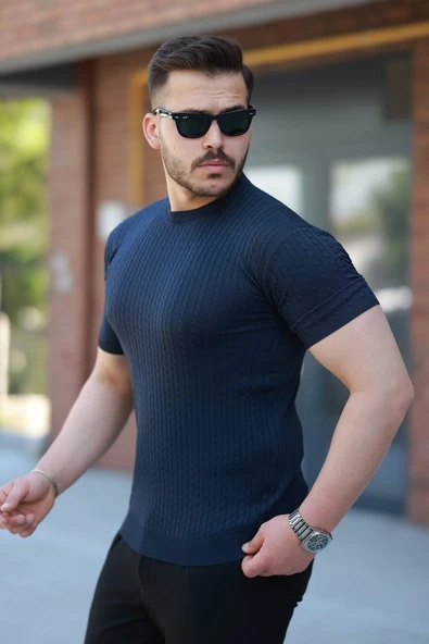 Erkek Bisiklet Yaka örgü Desenli Kısa örme Triko Kısa Kollu T-shirt - 2