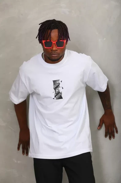 Unisex Oversize Baskılı Bisiklet Yaka T-Shirt - Beyaz - 3