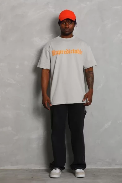 Unisex Oversize Baskılı Bisiklet Yaka T-Shirt - Gri - 2