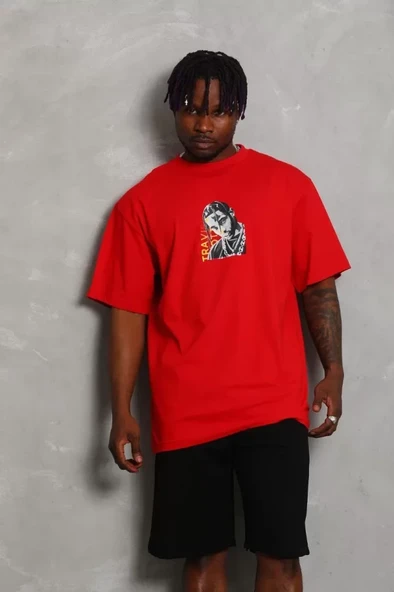 Unisex Oversize Baskılı Bisiklet Yaka T-Shirt - Kırmızı - 2