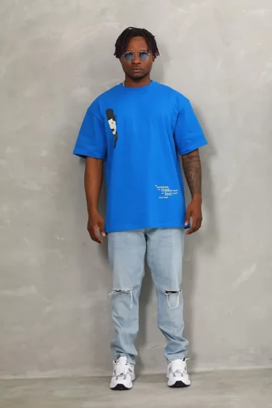 Unisex Oversize Baskılı Bisiklet Yaka T-Shirt - Mavi - 4