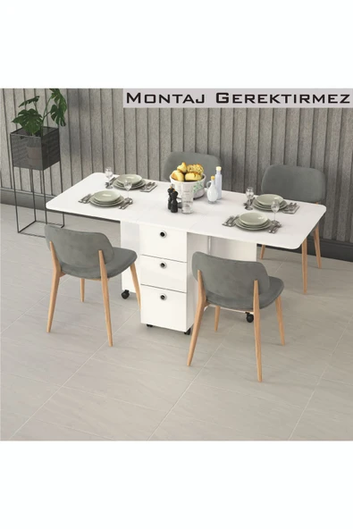 Asra Trend MDF Katlanır Mutfak Yemek Çalışma Masası, 3 Çekmeceli, Beyaz, KM-100 ürün görseli